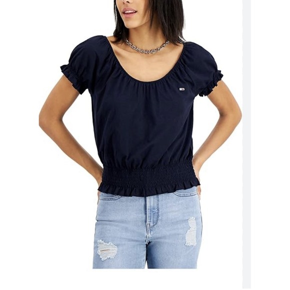 Tommy Jeans Women's Navy On Or Off-Shoulder‎ Short Sleeve Cropped Blouse Size Lg - Picture 2 of 6
